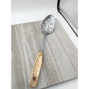 Vintage Ekco Chromium Plated Slotted Serving Spoon Wood Handle 12"